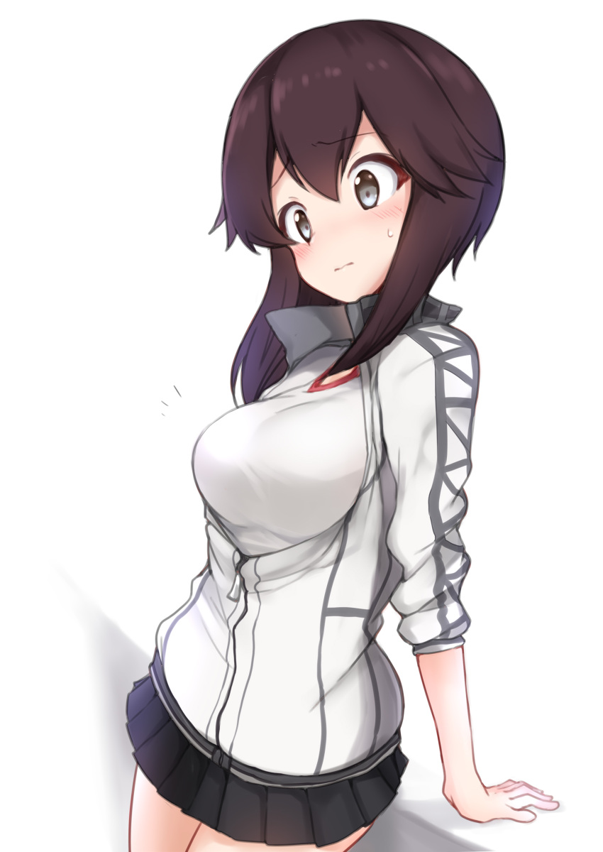 1girl absurdres azu_ankoowl black_hair black_skirt blush breasts eyebrows_visible_through_hair grey_eyes hayasui_(kantai_collection) highres jacket kantai_collection large_breasts medium_hair pleated_skirt shirt simple_background skirt solo sweatdrop track_jacket white_background white_jacket white_shirt zipper zipper_pull_tab