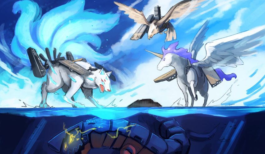 afloat alicorn azur_lane bald_eagle bird blue_sky clouds cloudy_sky eagle flight_deck flying fox highres machinery mecha multiple_tails no_humans ocean pegasus phandit_thirathon sky submerged tail unicorn