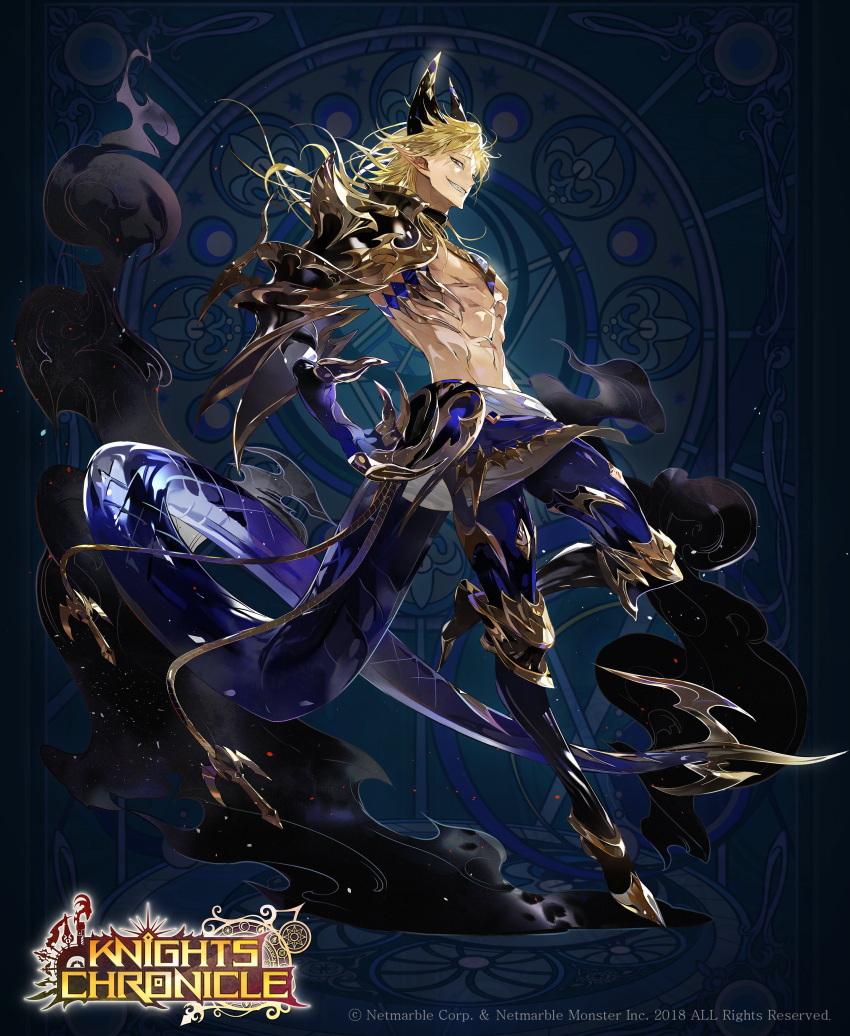 1boy abs absurdres blonde_hair blue_background boots brown_eyes claws copyright_name full_body gloves highres horns knights_chronicle long_hair male_focus official_art pointy_ears shirtless smoke solo tarkus_(knights_chronicle) teeth yon_(yonana)