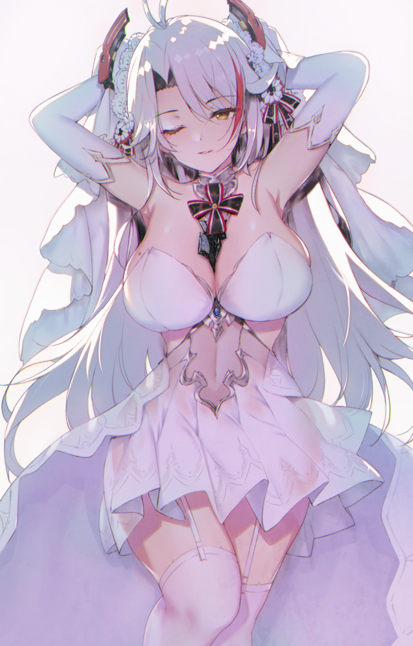 1girl absurdres antenna_hair armpits arms_behind_head azur_lane bangs between_breasts blush breasts bridal_veil brown_eyes commentary_request covered_navel dress elbow_gloves eyebrows_visible_through_hair floating_hair garter_straps gloves grey_background head_tilt headgear highres katsurai_yoshiaki large_breasts long_hair looking_at_viewer mole mole_on_breast multicolored_hair one_eye_closed open_mouth prinz_eugen_(azur_lane) prinz_eugen_(symphonic_fate)_(azur_lane) redhead silver_hair simple_background smile solo standing streaked_hair swept_bangs thigh-highs two_side_up veil very_long_hair wedding_dress white_dress white_gloves white_legwear
