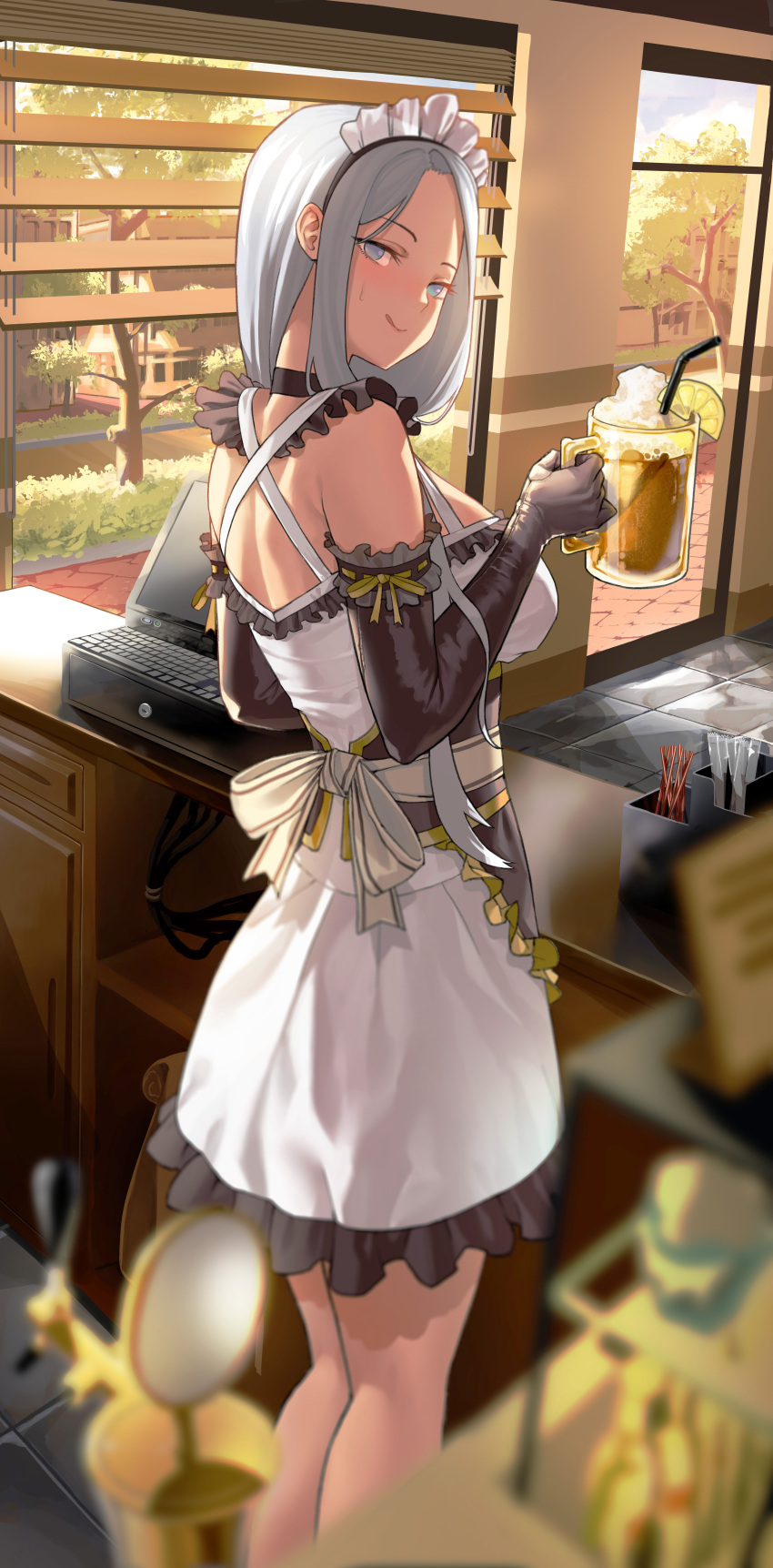 1girl :q absurdres alcohol back bare_shoulders beer beer_mug black_choker black_gloves blue_eyes blurry blush breasts choker counter day depth_of_field diner dress elbow_gloves frilled_dress frills gloves grey_hair highres indoors large_breasts lee0110 long_hair looking_at_viewer looking_back maid miracle_snack_shop no_pupils nose_blush philia_salis restaurant sash short_dress solo sweatdrop tongue tongue_out white_dress window