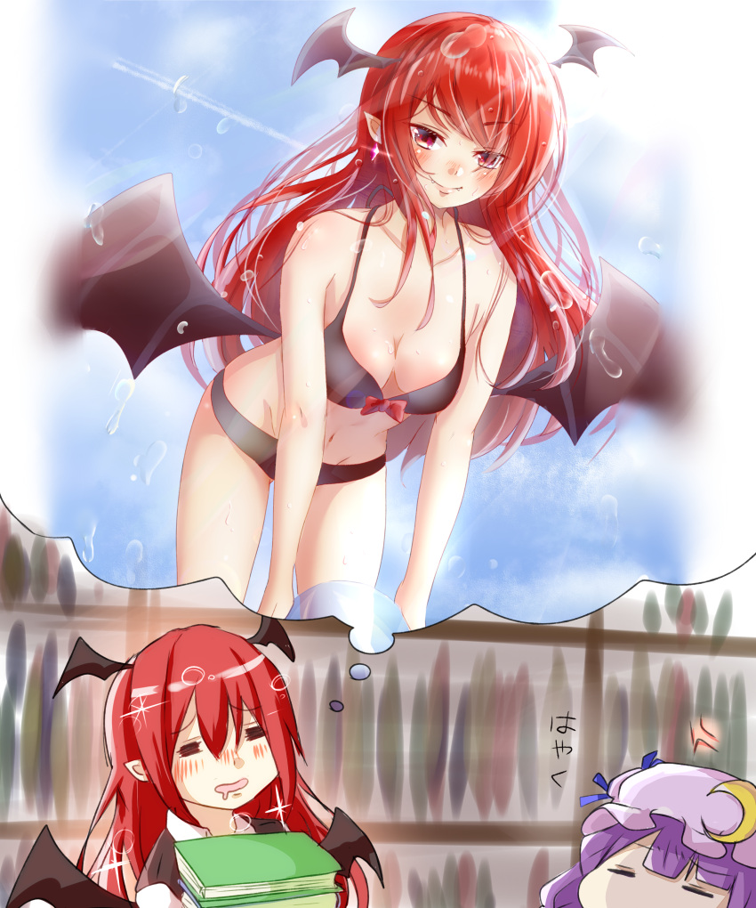 &gt;:) 2girls :d =_= absurdres alternate_costume anger_vein ball bat_wings bikini black_bikini blush book book_stack bookshelf breasts chibi clouds collarbone crescent crescent_moon_pin drooling eyebrows_visible_through_hair fangs fangs_out fingernails gumi_(fwjn7284) hat hat_ornament hat_ribbon head_wings highres holding holding_book imagining koakuma leaning_forward lens_flare long_hair looking_at_viewer low_wings medium_breasts mob_cap multiple_girls nail_polish navel open_mouth patchouli_knowledge pointy_ears purple_hair red_eyes redhead ribbon sharp_fingernails sky smile sparkle swimsuit thought_bubble touhou translated very_long_hair wings