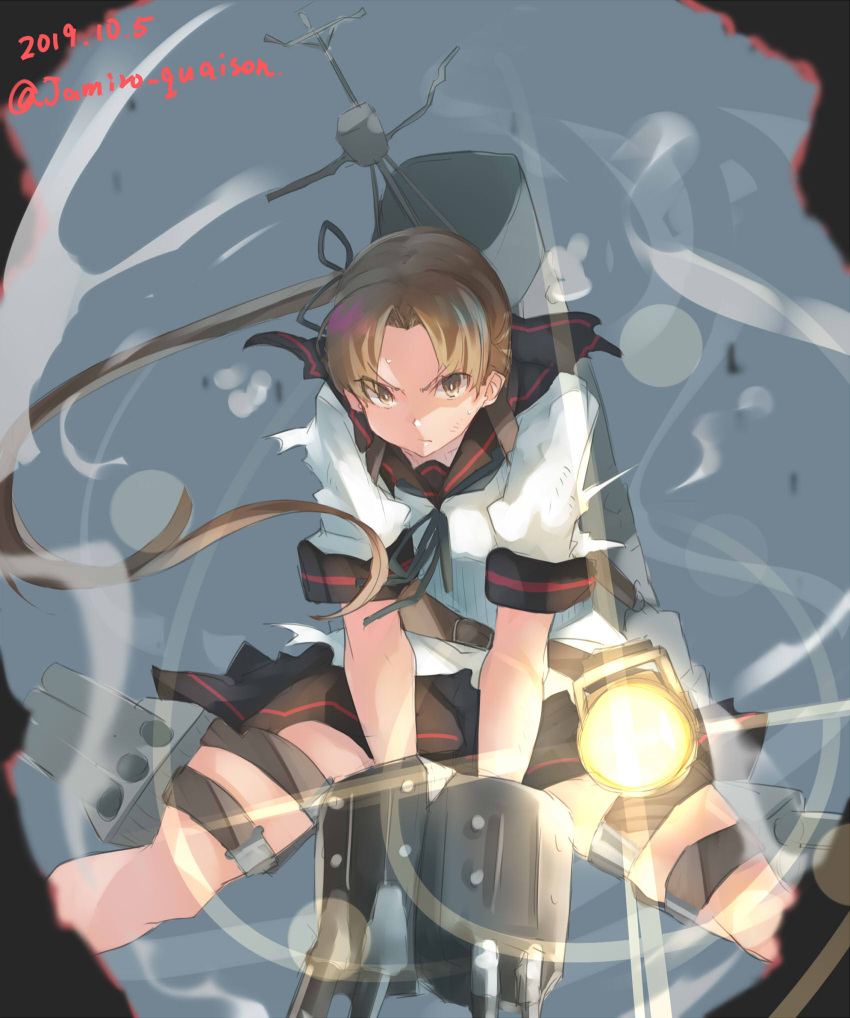 1girl ayanami_(kantai_collection) bangs belt black_skirt brown_eyes brown_hair closed_mouth dated hair_ribbon highres holding jamiro_quaison kantai_collection long_hair neck_ribbon pleated_skirt ponytail remodel_(kantai_collection) ribbon rigging sailor_collar school_uniform searchlight serafuku short_sleeves side_ponytail skirt solo sweat torpedo torpedo_tubes twitter_username