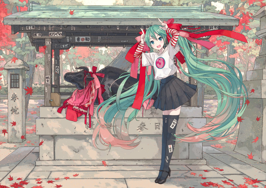1girl arms_up black_footwear black_legwear black_skirt bull hair_ribbon hatsune_miku high_heels highres horns_pose index_fingers_raised ixima large_ribbon layered_sleeves leaf leaning_forward leaves_in_wind long_hair looking_at_viewer maple_leaf ofuda ofuda_on_clothes open_mouth outdoors petals pillar red_ribbon ribbon shirt shrine skirt smile solo standing statue stone_floor striped_sleeves t-shirt thigh-highs tree twintails very_long_hair vocaloid wide_shot zettai_ryouiki