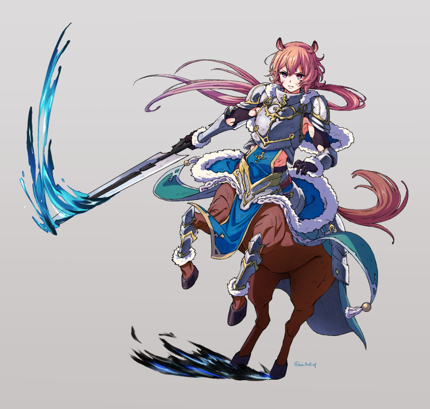 1boy animal_ears armor artist_name blue_cattail brown_hair centaur fur_trim gloves grey_background highres horse_ears injury long_hair low_ponytail pink_eyes polearm renniscan solo spear tales_of_erin water weapon