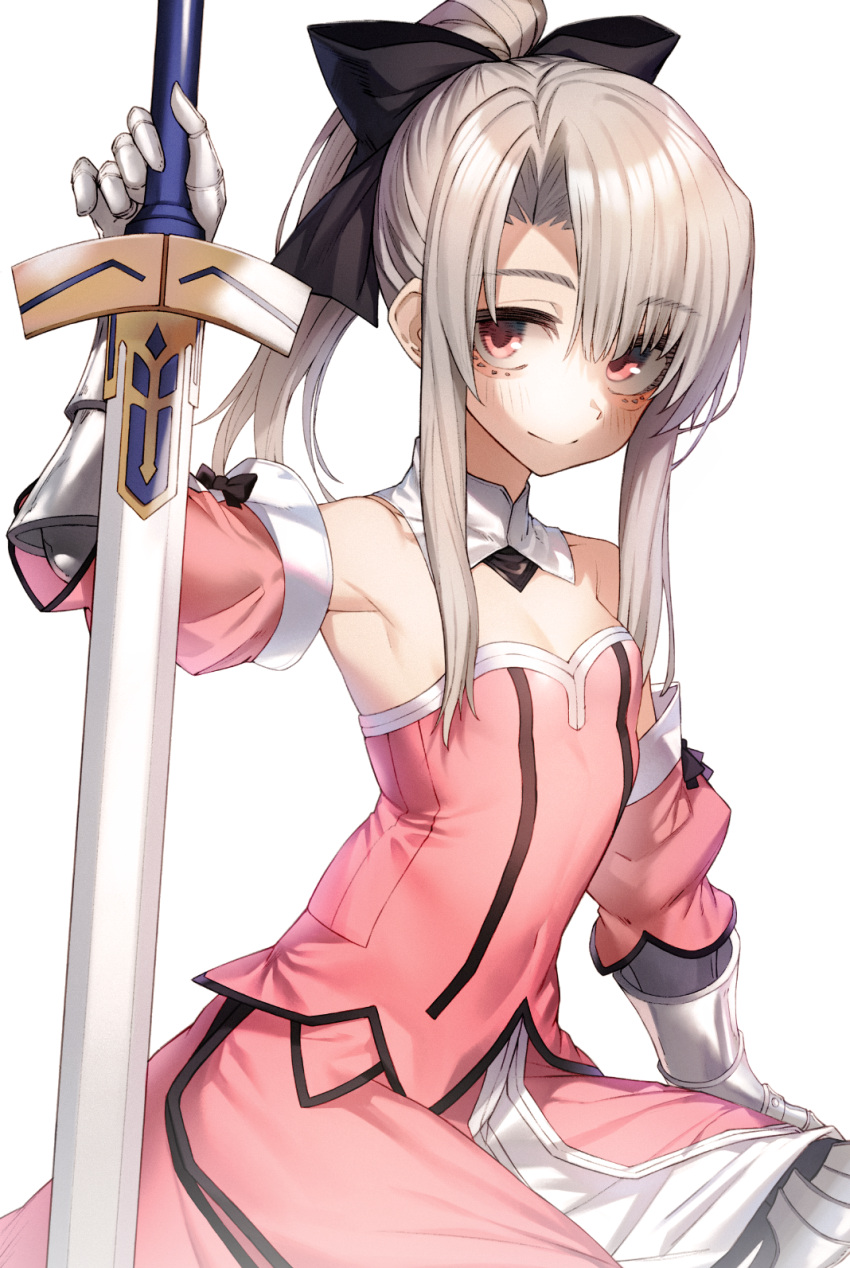 1girl artoria_pendragon_(all) bangs bare_shoulders black_bow blonde_hair bow breasts commentary_request dress excalibur eyebrows_visible_through_hair fate/kaleid_liner_prisma_illya fate_(series) gauntlets hair_bow highres holding holding_sword holding_weapon illyasviel_von_einzbern long_hair looking_at_viewer pink_dress pokan_(xz1128) red_eyes saber_lily simple_background small_breasts smile solo sword weapon white_background