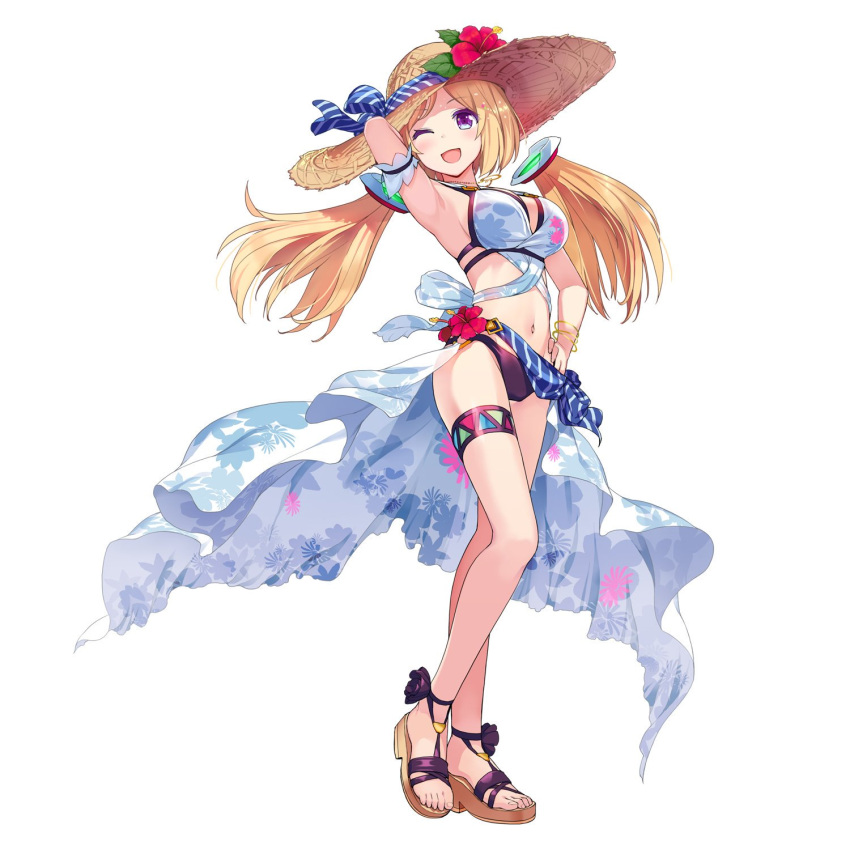 1girl aki_rosenthal alternate_costume arm_up armband armpits bangs blonde_hair breasts collaboration dawn_of_the_breakers detached_hair eyebrows_visible_through_hair floating_hair flower full_body groin hand_on_hip hat hibiscus highres hololive long_hair looking_at_viewer medium_breasts navel official_alternate_costume official_art one_eye_closed open_mouth parted_bangs sandals solo sun_hat swimsuit twintails violet_eyes virtual_youtuber wakaba white_background