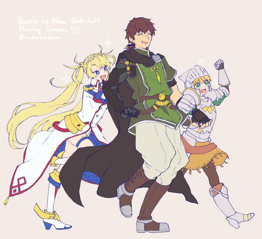 1boy 2girls armor blonde_hair blue_eyes boots bradamante_(fate/grand_order) brown_hair cape english_text epaulettes facial_hair fate/grand_order fate_(series) full_armor gareth_(fate/grand_order) goatee green_eyes hector_(fate/grand_order) highres long_coat multiple_girls pushing sparkling_eyes twintails twitter_username waka_(978-4)