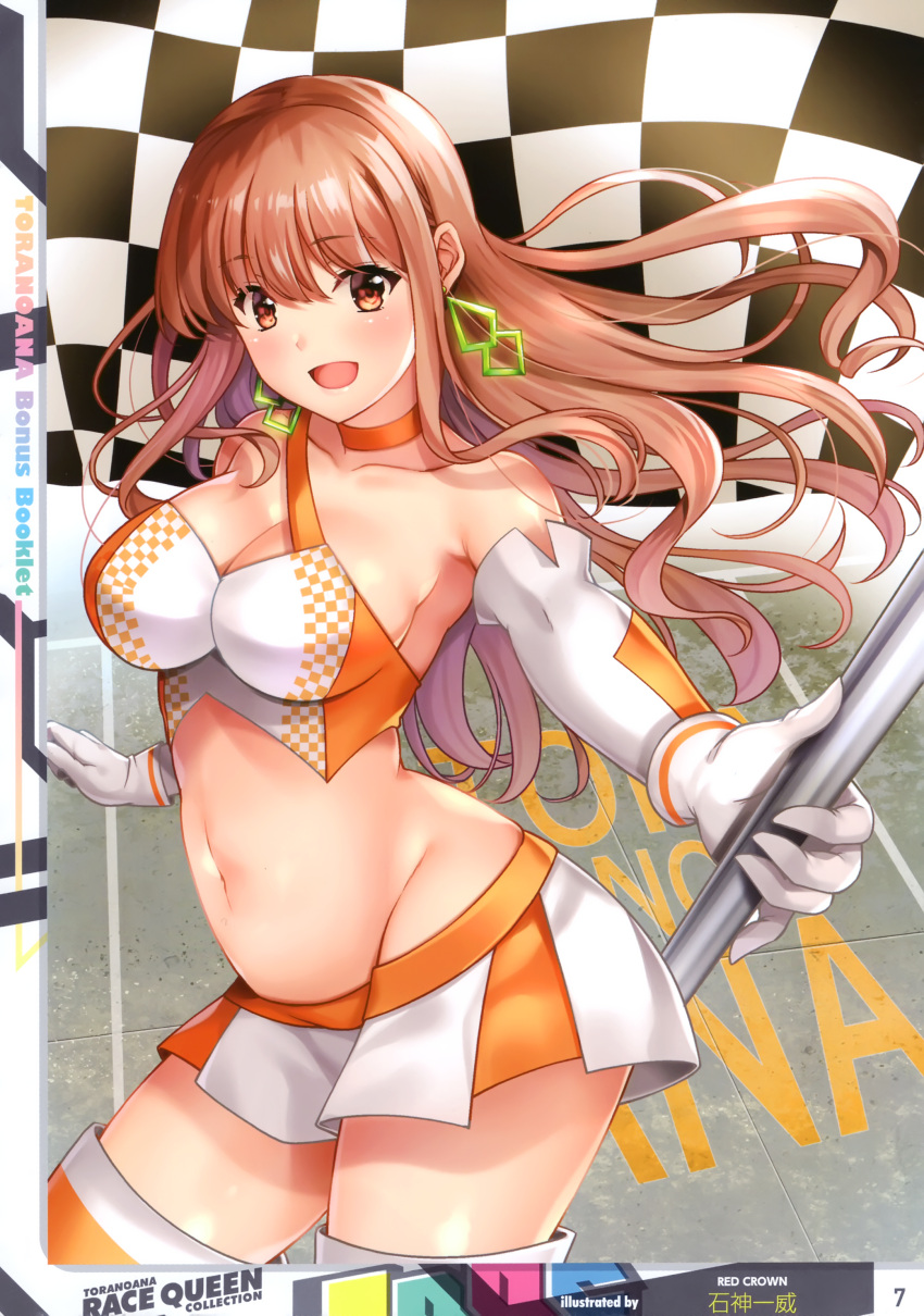 1girl absurdres artist_name bangs bare_shoulders breasts brown_eyes brown_hair choker elbow_gloves eyebrows_visible_through_hair gloves highres holding ishigami_kazui jewelry long_hair medium_breasts midriff navel open_mouth page_number racequeen scan skirt sleeveless solo stomach thigh-highs toranoana