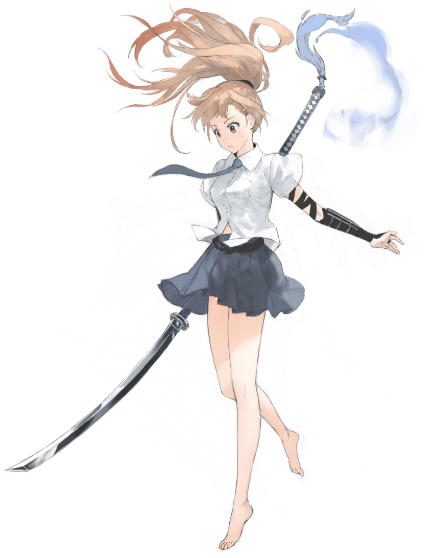 1girl bangs bare_legs barefoot belt blue_neckwear breast_pocket brown_eyes brown_hair collared_shirt dress_shirt floating floating_hair full_body highres hirooka_masaki holding holding_sword holding_weapon long_hair necktie original pleated_skirt pocket ponytail shirt simple_background skirt solo sword weapon white_background white_shirt