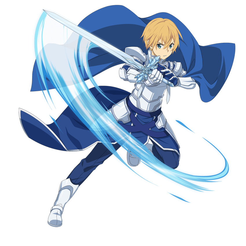 1boy armor blonde_hair blue_eyes blue_pants blue_rose_sword boots eugeo faulds gauntlets hair_between_eyes highres holding holding_sword holding_weapon looking_at_viewer male_focus official_art pants parted_lips shoulder_armor solo spaulders sword sword_art_online transparent_background weapon white_footwear