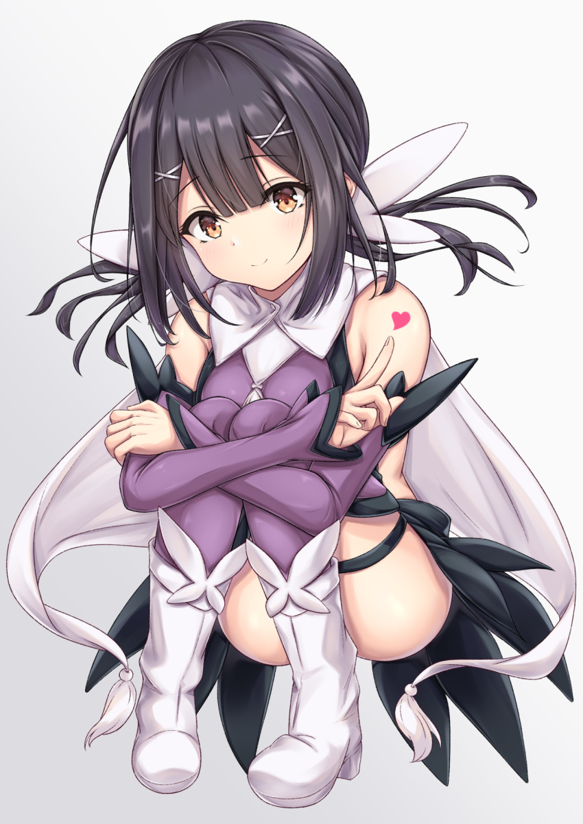 1girl ass bangs bare_shoulders black_hair blush boots breasts brown_eyes commentary_request eyebrows_visible_through_hair fate/kaleid_liner_prisma_illya fate_(series) hair_between_eyes hair_ornament hair_ribbon hairclip heart highres long_hair long_sleeves looking_at_viewer miyu_edelfelt ribbon simple_background small_breasts smile solo thigh-highs twintails white_background white_footwear white_ribbon y3010607