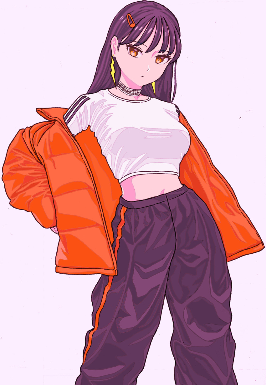 1girl bangs black_hair breasts choker dende_(dndn222) earrings feet_out_of_frame hair_ornament hairclip highres jacket jewelry lightning_bolt lightning_bolt_earrings long_hair medium_breasts midriff off_shoulder orange_eyes orange_jacket original purple_background shirt short_sleeves simple_background solo white_shirt