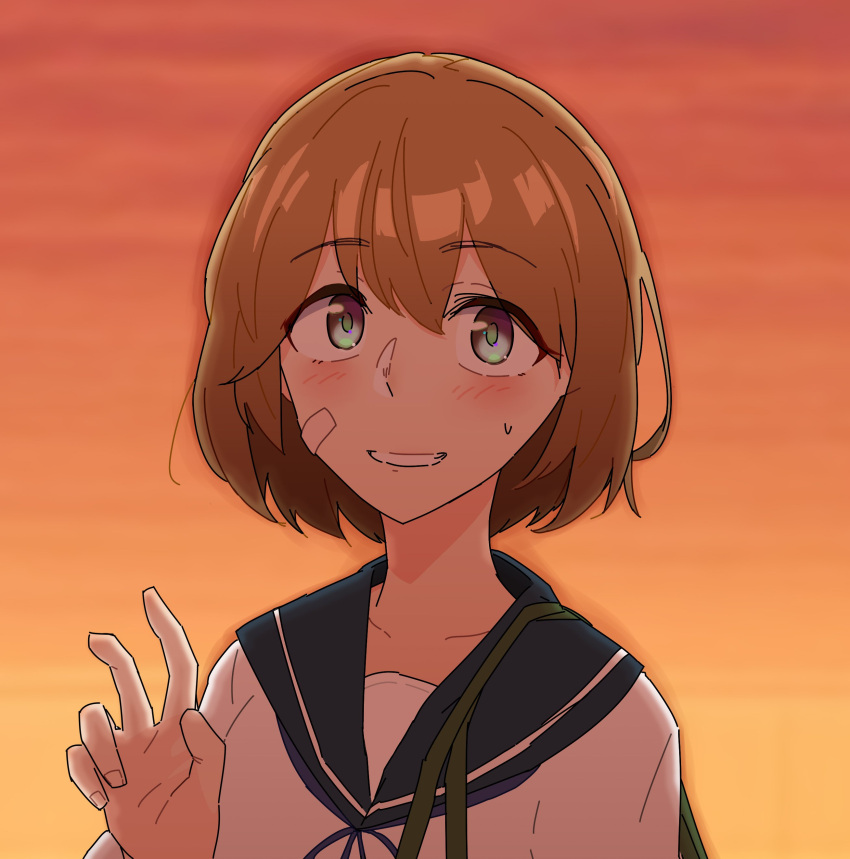 1girl absurdres alternate_eye_color aqua_eyes bandaid bandaid_on_cheek bandaid_on_face bangs blue_neckwear blue_sailor_collar blush brown_hair collarbone commentary_request eyebrows_visible_through_hair fingernails grin hair_between_eyes hand_up highres kantai_collection lolipaedq looking_at_viewer neckerchief oboro_(kantai_collection) orange_background orange_hair sailor_collar school_uniform serafuku short_hair smile solo strap sunset sweat upper_body