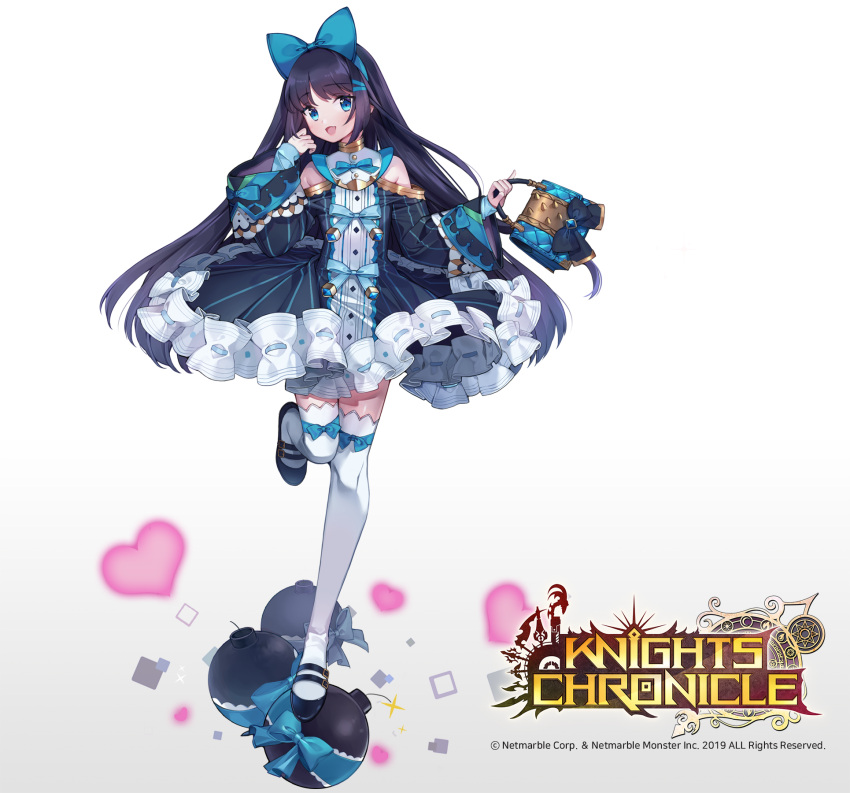1girl adcd bag black_hair blue_eyes bomb bow bowtie copyright_name dress full_body heart highres knights_chronicle lily_(knights_chronicle) long_hair official_art open_mouth solo thigh-highs