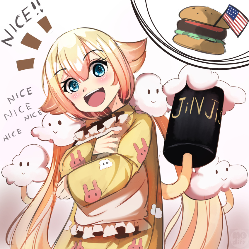 1girl :d absurdres american_flag animal_print blonde_hair blue_eyes blues_(artist) blush bunny_print cloud_print clouds commentary core63 english_text eyebrows_visible_through_hair food gradient_hair hair_between_eyes hamburger happy highres long_hair looking_at_viewer mahou_shoujo_ikusei_keikaku_unmarked meme multicolored_hair nemurin open_mouth pajamas pillow pillow_hug pink_hair simple_background smile solo standing streaked_hair text_focus two-tone_hair very_long_hair vrchat white_background yellow_pajamas