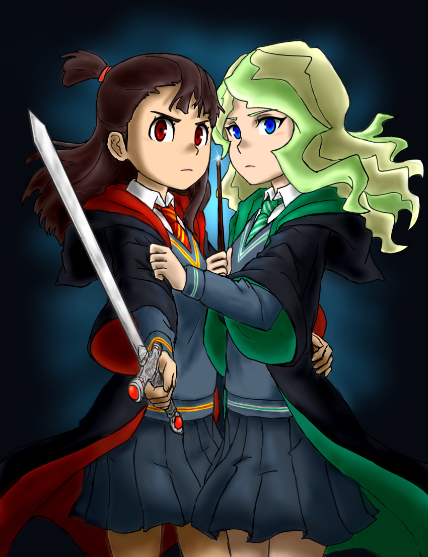 a50926123 absurdres blue_eyes brown_hair couple diana_cavendish green_neckwear gryffindor hand_on_another's_arm hand_on_another's_hip harry_potter highres hogwarts_school_uniform kagari_atsuko little_witch_academia long_hair long_sleeves looking_at_viewer multicolored_hair necktie parody red_eyes red_neckwear robe school_uniform simple_background skirt slytherin sword thighs two-tone_background two-tone_hair uniform wand wavy_hair weapon yuri
