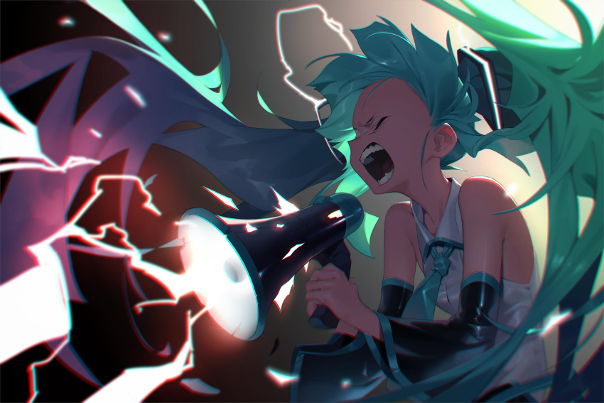 1girl amrkdrw aqua_hair aqua_neckwear bare_shoulders black_sleeves closed_eyes detached_sleeves electricity from_side hair_ornament hatsune_miku highres holding holding_megaphone long_hair megaphone necktie open_mouth shirt shouting sleeveless sleeveless_shirt solo teeth twintails upper_body very_long_hair vocaloid
