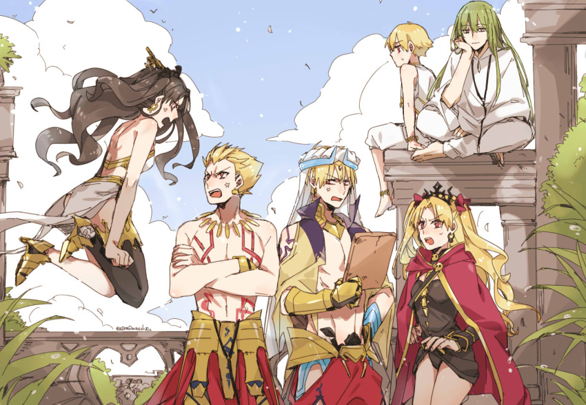 2girls 4boys 88_(einnimnech) anger_vein angry black_hair black_legwear black_ribbon blonde_hair blue_sky cape child_gilgamesh clouds column crossed_arms earrings enkidu_(fate/strange_fake) ereshkigal_(fate/grand_order) fate/grand_order fate_(series) floating gilgamesh gilgamesh_(caster)_(fate) green_hair hair_ribbon hoop_earrings ishtar_(fate/grand_order) jewelry long_hair multiple_boys multiple_girls open_mouth pillar red_cape red_eyes red_ribbon ribbon shouting single_thighhigh sky stone_tablet sweatdrop thigh-highs tiara two_side_up