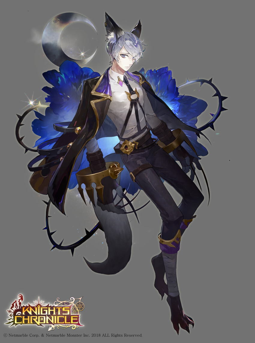 1boy absurdres animal_ears bandages blue_eyes copyright_name fingerless_gloves full_body gloves grey_background grey_hair hair_over_one_eye highres ian_(knights_chronicle) knights_chronicle moon nail official_art solo sparkle tail thorns wolf_ears wolf_tail yon_(yonana)