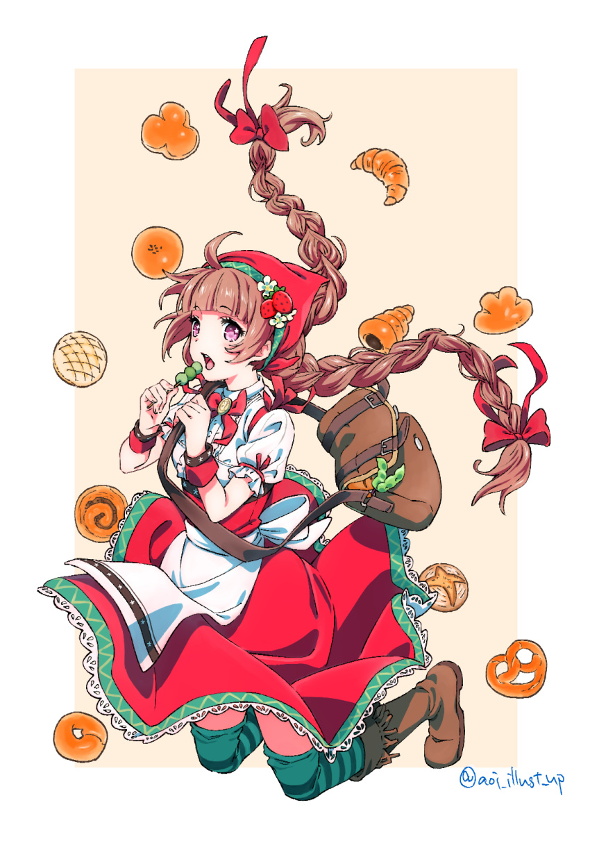 1girl apron artist_name bag bandana biscuit blue_cattail boots bow bowtie braid brown_hair dango food highres long_hair open_mouth solo star star-shaped_pupils symbol-shaped_pupils tales_of_erin teeth thigh-highs twin_braids violet_eyes vladimira wagashi white_background