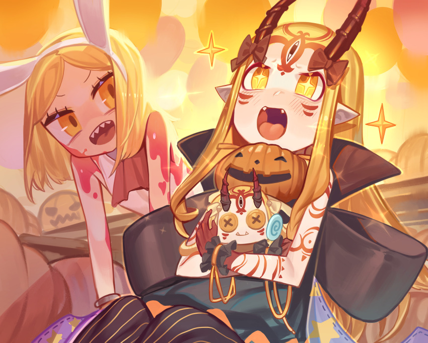 absurdres blush cup facial_mark fang fang_out fate/grand_order fate_(series) fingernails flat_chest forehead_mark hair_ornament halloween highres horns ibaraki_douji_(fate/grand_order) japanese_clothes kimono long_hair oni oni_horns open_mouth paul_bunyan_(fate/grand_order) pointy_ears pumpkin purple_kimono sakazuki sharp_fingernails short_hair ssangbong-llama tattoo teeth very_long_hair yellow_eyes yellow_kimono