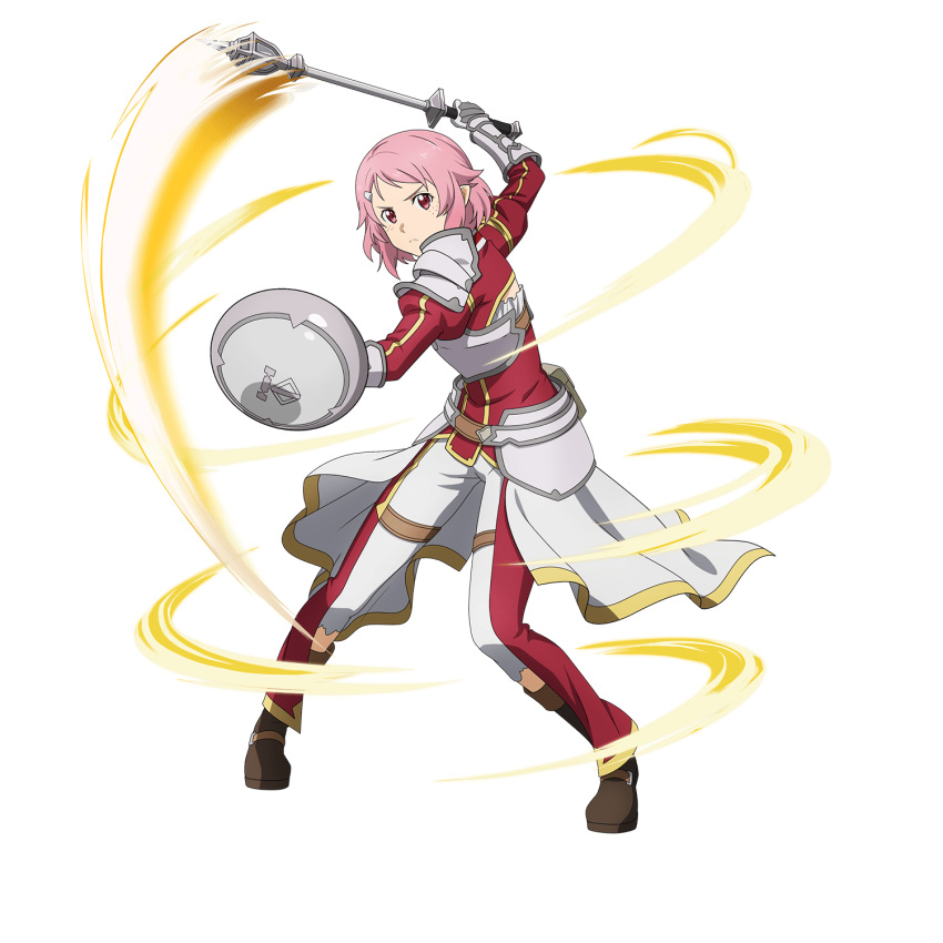 1girl bangs brown_footwear cape hair_ornament hairclip highres holding holding_shield lisbeth_(sao-alo) long_sleeves mace official_art panties pointy_ears red_eyes red_shirt shield shirt shoulder_armor solo standing swept_bangs sword_art_online transparent_background underwear waist_cape weapon white_cape white_panties
