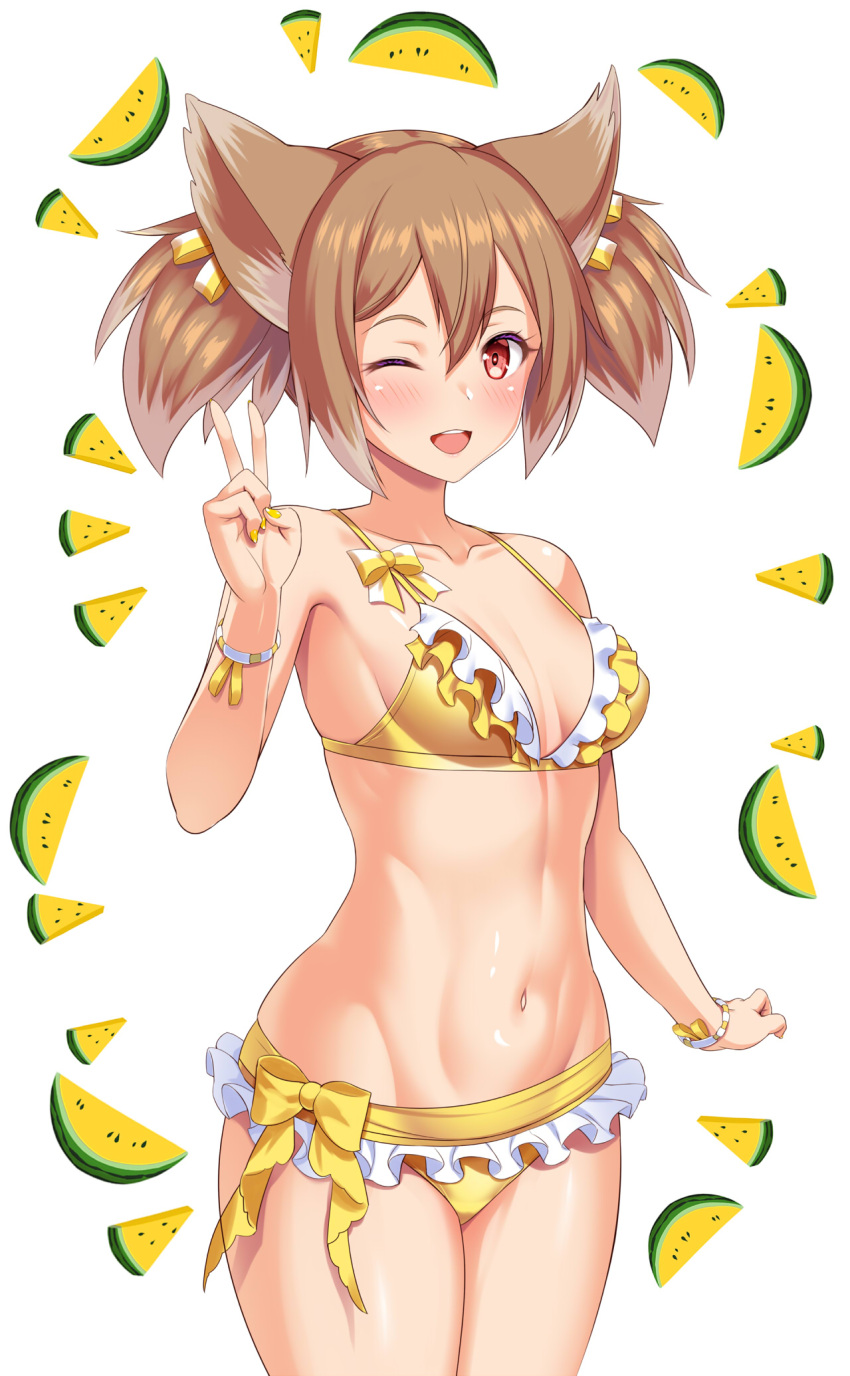 1girl alternate_costume bangs bare_shoulders bikini blush bow breasts brown_hair collarbone commentary_request food fruit hair_between_eyes highres kawase_seiki medium_breasts navel one_eye_closed red_eyes short_hair short_twintails silica simple_background smile solo swimsuit sword_art_online twintails white_background yellow_bikini yellow_bow yellow_nails