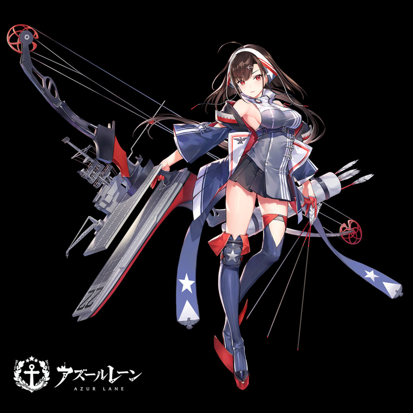 1girl ahoge anchor_hair_ornament arrow atdan azur_lane bare_shoulders black_legwear black_skirt bow_(weapon) breasts brown_hair commentary_request copyright_name dark_background hair_ornament hairband highres independence_(azur_lane) large_breasts long_hair looking_at_viewer pleated_skirt red_eyes red_footwear shoes skirt solo thigh-highs very_long_hair weapon