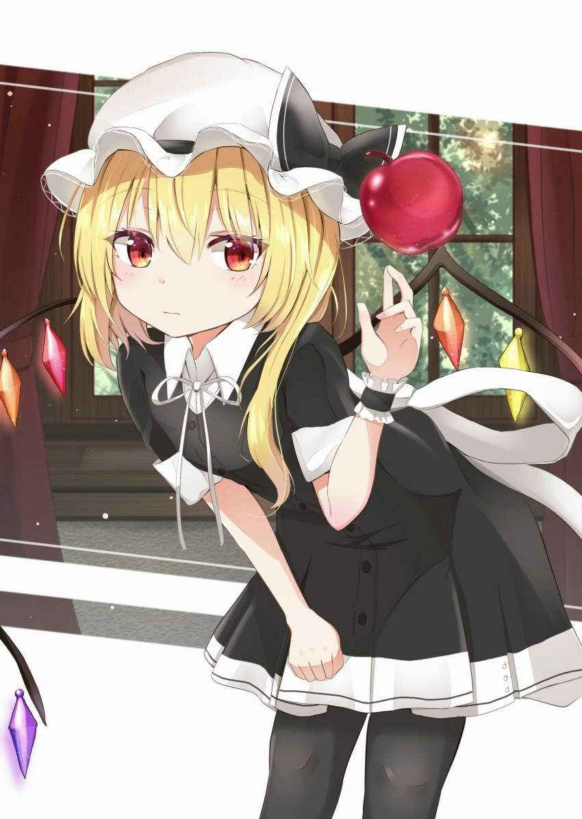 1girl absurdres alternate_costume apple arm_up black_dress black_legwear blonde_hair blurry clenched_hand commentary cropped_legs curtains depth_of_field dress english_commentary expressionless eyebrows_visible_through_hair fingers_together flandre_scarlet floating food fruit hair_between_eyes hand_on_own_thigh hat hat_ribbon highres indoors iyo_(ya_na_kanji) leaning_forward levitation light_particles looking_at_viewer mob_cap pantyhose red_eyes ribbon shirt shirt_under_dress short_hair short_sleeves side_ponytail solo symbol_commentary touhou tree white_headwear white_shirt window wings wrist_cuffs