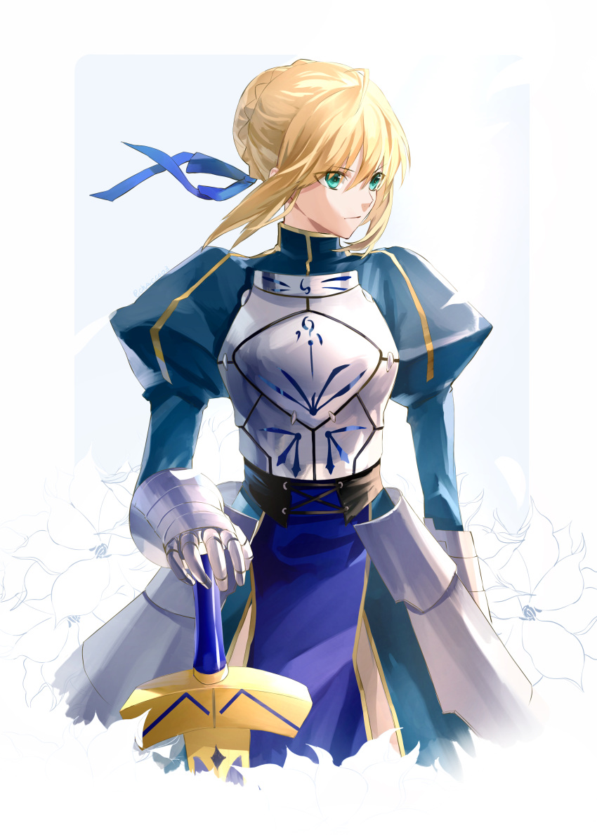 1girl absurdres armor armored_dress artoria_pendragon_(all) blonde_hair blue_background blue_dress blue_ribbon braid braided_bun breastplate closed_mouth dress excalibur fate/stay_night fate_(series) faulds floating_hair gauntlets green_eyes hair_ribbon hand_on_hilt highres hoshi_rasuku looking_to_the_side ribbon saber short_hair_with_long_locks sidelocks solo standing sword weapon white_background