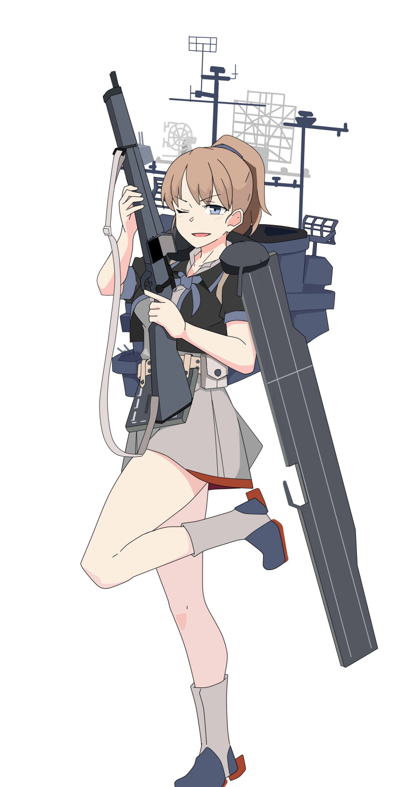 1girl absurdres backpack bag black_shirt blue_eyes breasts brown_hair flight_deck full_body highres intrepid_(kantai_collection) kantai_collection large_breasts looking_at_viewer m1903_springfield machinery miniskirt multicolored_neckwear neck_pillow one_eye_closed perfect_han ponytail rigging shirt short_hair simple_background skirt solo white_background white_skirt