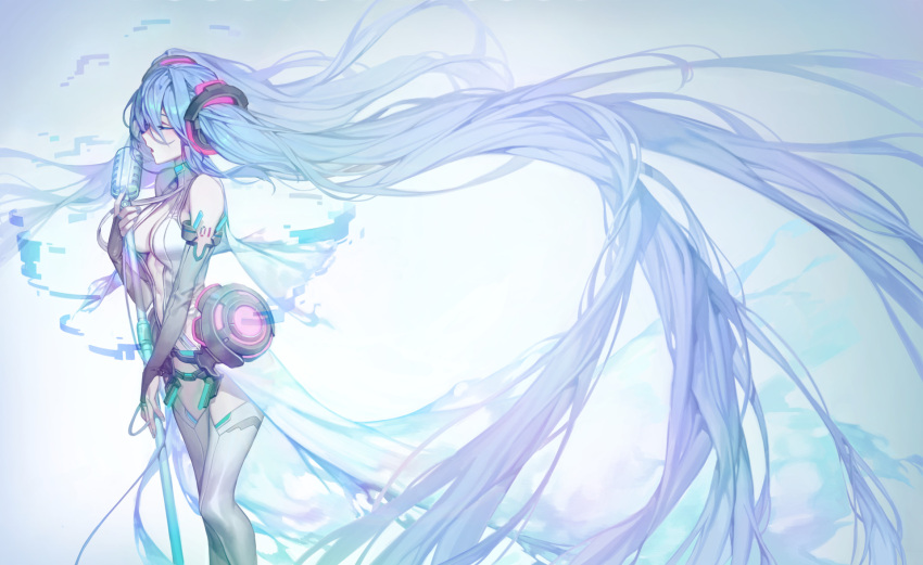 1girl anklet aqua_eyes aqua_hair barefoot binary breasts bridal_gauntlets center_opening chyan closed_eyes digital_dissolve elbow_gloves fingerless_gloves gloves hatsune_miku headphones highres jewelry long_hair microphone miku_append music navel necktie open_mouth rectangle singing solo thigh-highs toeless_legwear twintails very_long_hair vintage_microphone vocaloid vocaloid_(tda-type_ver) vocaloid_append