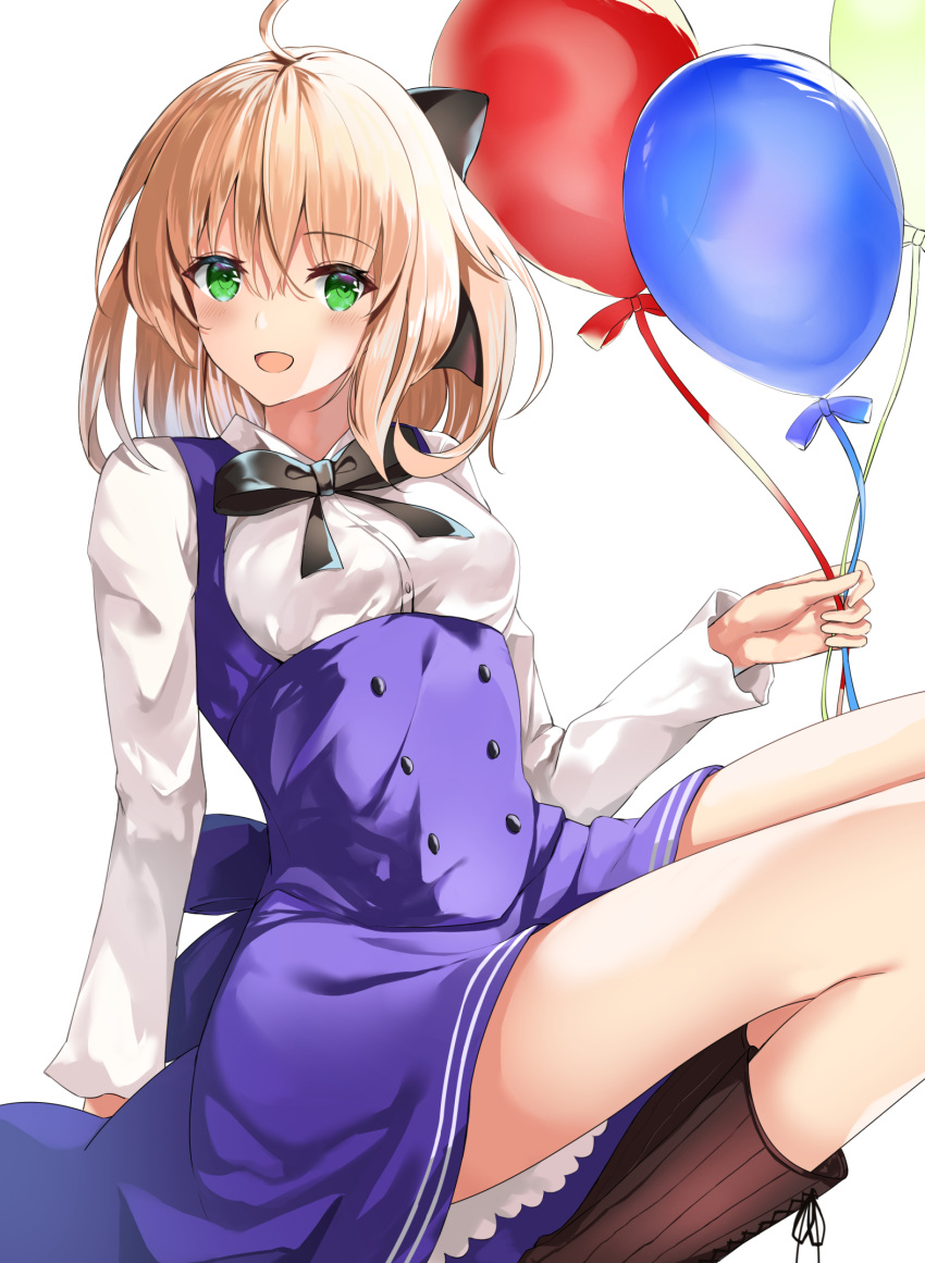 1girl :d ahoge artoria_pendragon_(all) balloon bangs black_bow black_neckwear black_ribbon blonde_hair blue_dress boots bow brown_footwear cross-laced_footwear dress eyebrows_visible_through_hair fate/grand_order fate/unlimited_codes fate_(series) green_eyes hair_bow highres holding_balloon long_sleeves looking_at_viewer open_mouth ribbon saber_lily short_hair simple_background sitting smile solo tukise_33 white_background