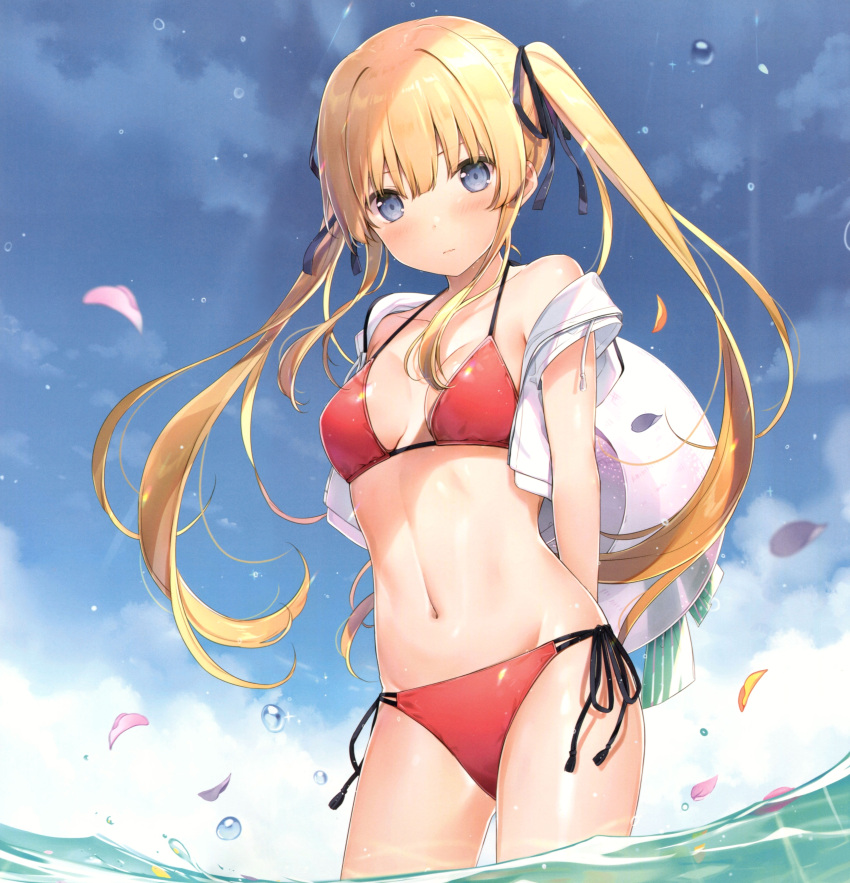 1girl 6u_(eternal_land) a-1_pictures absurdres bare_shoulders bikini blonde_hair blue_eyes blue_sky breasts breasts_apart closed_mouth clouds collarbone cropped_jacket day drawstring floating_hair groin hair_ribbon halterneck hat highres jacket kadokawa_shoten long_hair looking_at_viewer medium_breasts multi-strapped_bikini navel off_shoulder open_clothes open_jacket outdoors petals red_bikini ribbon saenai_heroine_no_sodatekata sawamura_spencer_eriri scan side-tie_bikini sidelocks sky solo square_enix standing stomach sun_hat swimsuit thighs twintails twitter_username wading water white_jacket