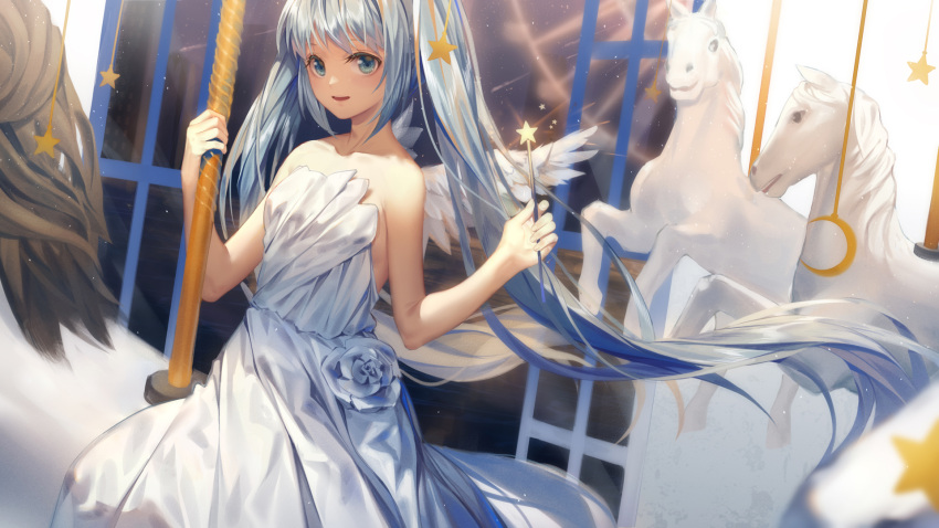 1girl :d bangs bare_arms bare_shoulders blue_eyes blue_hair carousel collarbone crescent dress eyebrows_behind_hair flower glowing hands_up hatsune_miku highres holding holding_wand horse horseback_riding indoors ji_dao_ji long_hair night night_sky open_mouth riding rose sidelocks sky smile solo star strapless strapless_dress textless twintails upper_teeth very_long_hair vocaloid wand white_dress white_flower white_rose
