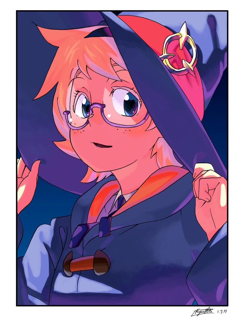 1girl absurdres blonde_hair blue_eyes border dated freckles glasses hands_on_headwear hands_up hat hat_ribbon highres little_witch_academia looking_at_viewer lotte_jansson luna_nova_school_uniform parted_lips red_ribbon ribbon round_eyewear ryusei_hashida school_uniform semi-rimless_eyewear short_hair signature smile solo under-rim_eyewear white_border witch