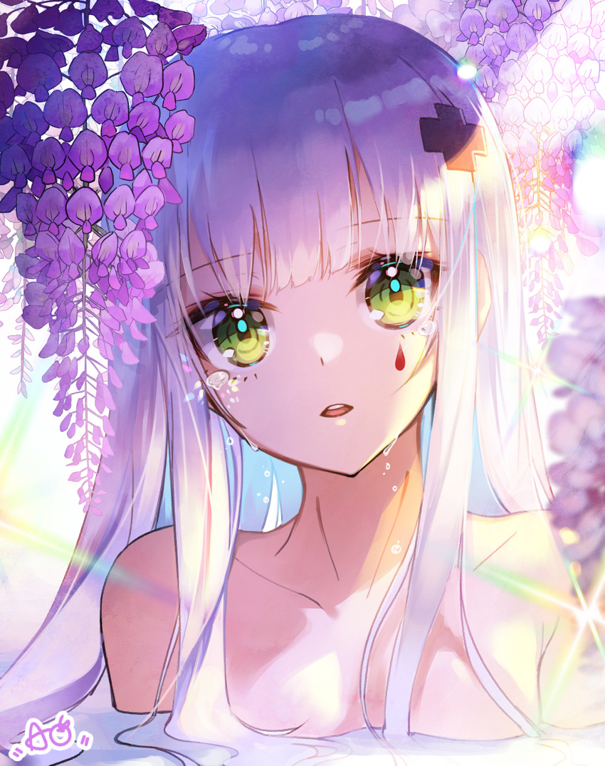 1girl apple_caramel backlighting bangs blush breasts collarbone commentary eyebrows_visible_through_hair facial_mark flower girls_frontline green_eyes hair_ornament head_tilt highres hk416_(girls_frontline) long_hair looking_at_viewer parted_lips partially_submerged purple_flower revision silver_hair small_breasts solo upper_body upper_teeth water wet wisteria