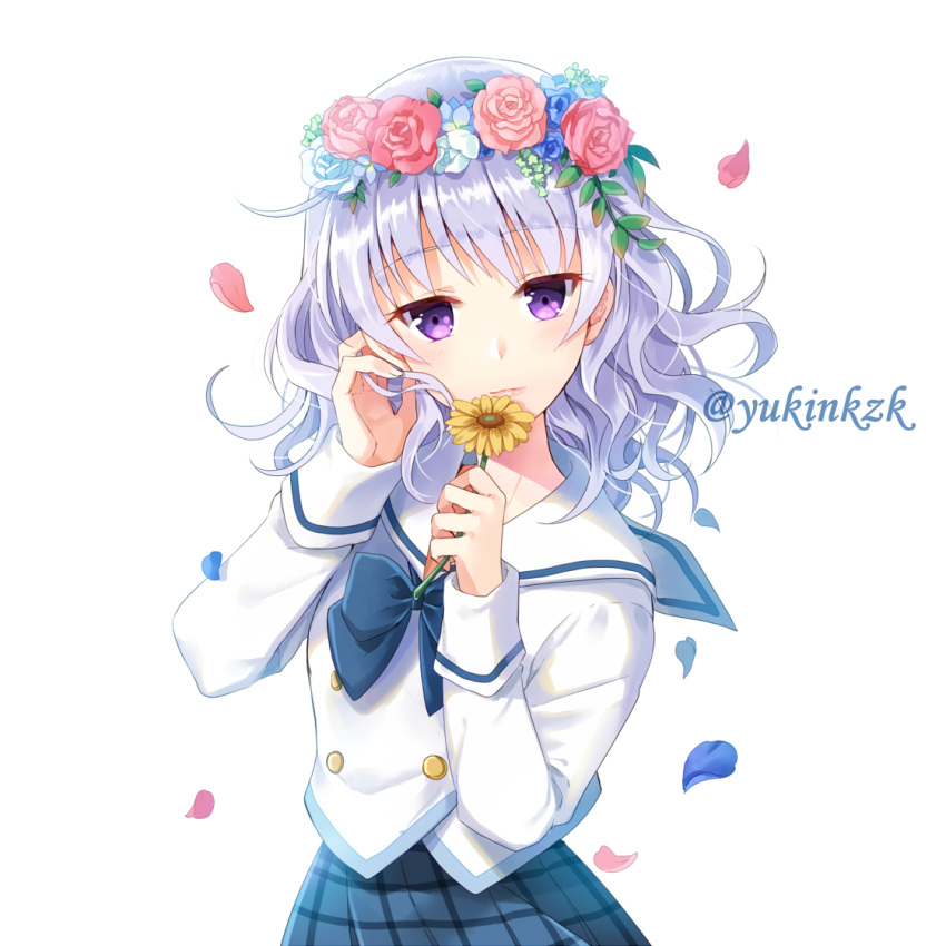 1girl album_cover bangs blue_bow blue_flower blue_rose blue_skirt bow commentary_request cover eyebrows_visible_through_hair flower flower_wreath head_wreath holding holding_flower long_hair long_sleeves nekozuki_yuki official_art original petals pink_flower pink_rose pleated_skirt purple_hair rose sailor_collar school_uniform serafuku shirt simple_background skirt solo sunflower twitter_username upper_body violet_eyes white_background white_flower white_rose white_sailor_collar white_shirt yellow_flower