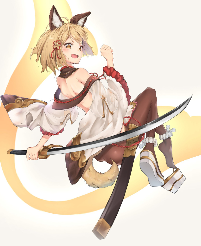 animal_ears artist_request blonde_hair braid dog_ears dog_girl dog_tail erune fang granblue_fantasy highres katana open_mouth pantyhose rope sheath shimenawa short_hair sideless_outfit solo sword tail vajra_(granblue_fantasy) weapon