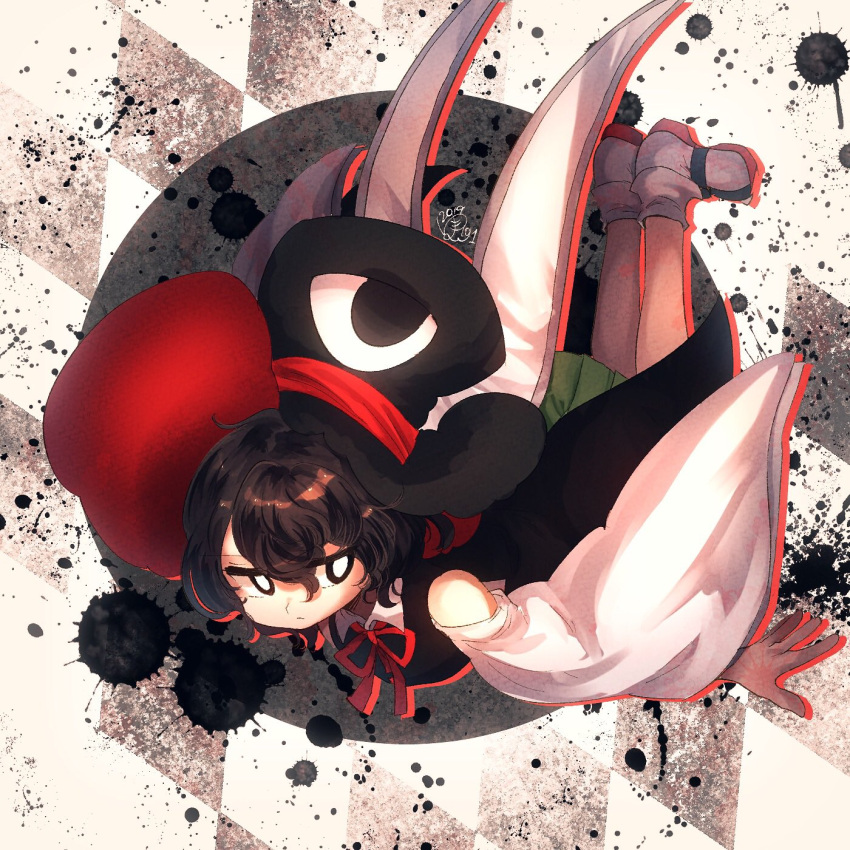 1other androgynous black_hair bow detached_sleeves enraku_tsubakura expressionless full_body geta grey_eyes hat highres large_hat len'en red_ribbon ribbon short_hair shorts solo top_hat upside-down