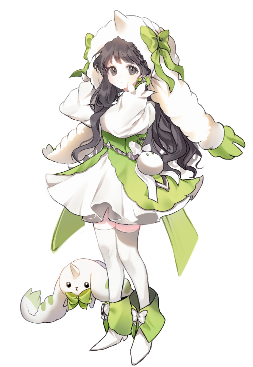 1girl absurdres bangs black_hair boots bow braid brown_eyes character_request commentary creature digimon dress eyebrows_behind_hair fingerless_gloves full_body gloves green_bow green_gloves hands_up highres horn long_hair long_sleeves looking_at_viewer puffy_long_sleeves puffy_sleeves rang_ji7 simple_background standing thigh-highs very_long_hair white_background white_bow white_dress white_footwear white_headwear white_legwear
