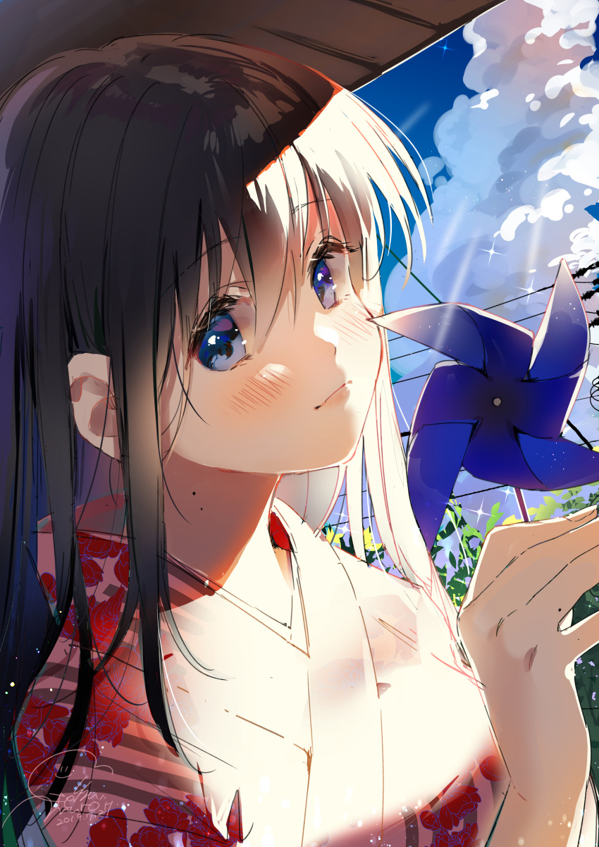 1girl absurdres artist_name blue_eyes blush brown_hair clouds commentary_request dated day floral_print geshumaro highres holding japanese_clothes kimono light_rays long_hair looking_at_viewer original pinwheel plant power_lines print_kimono sky solo sparkle sunbeam sunlight