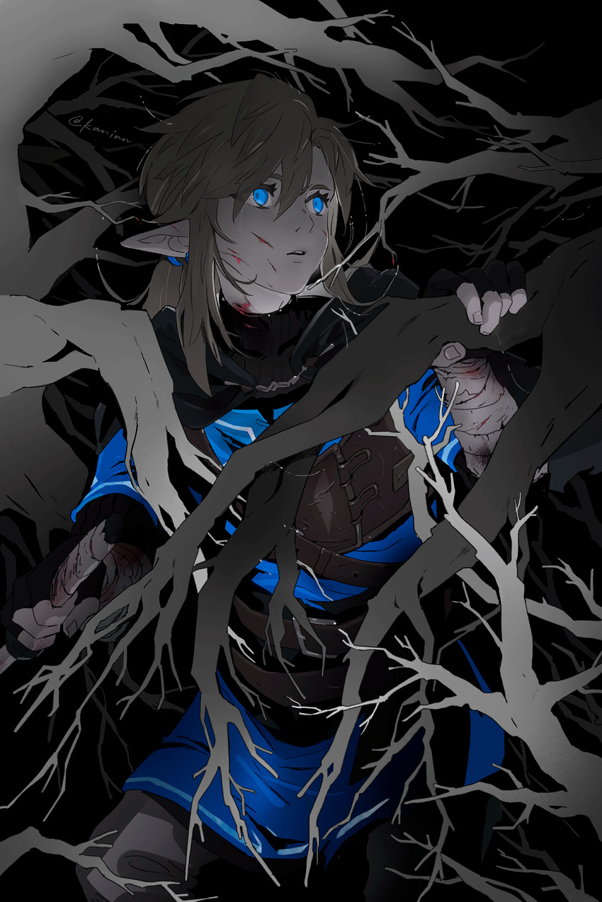 1boy artist_name bangs belt belt_buckle blonde_hair blood blue_eyes branch buckle dark_background ear_piercing earrings eyes_visible_through_hair gloves hair_between_eyes highres holding holding_branch holding_knife holding_weapon jewelry kaninn knife link long_hair looking_to_the_side male_focus night parted_lips piercing pointy_ears scratches solo the_legend_of_zelda the_legend_of_zelda:_breath_of_the_wild upper_body weapon