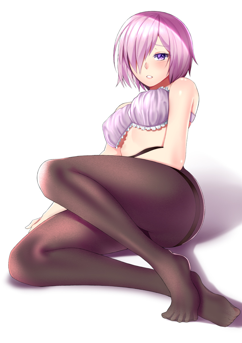 1girl absurdres black_legwear bra fate/grand_order fate_(series) frilled_bra frills full_body hair_over_one_eye highres looking_at_viewer lying mash_kyrielight pantyhose pink_hair purple_bra revian_samuel_dani shiny shiny_hair shiny_skin short_hair simple_background solo thighband_pantyhose underwear underwear_only violet_eyes white_background