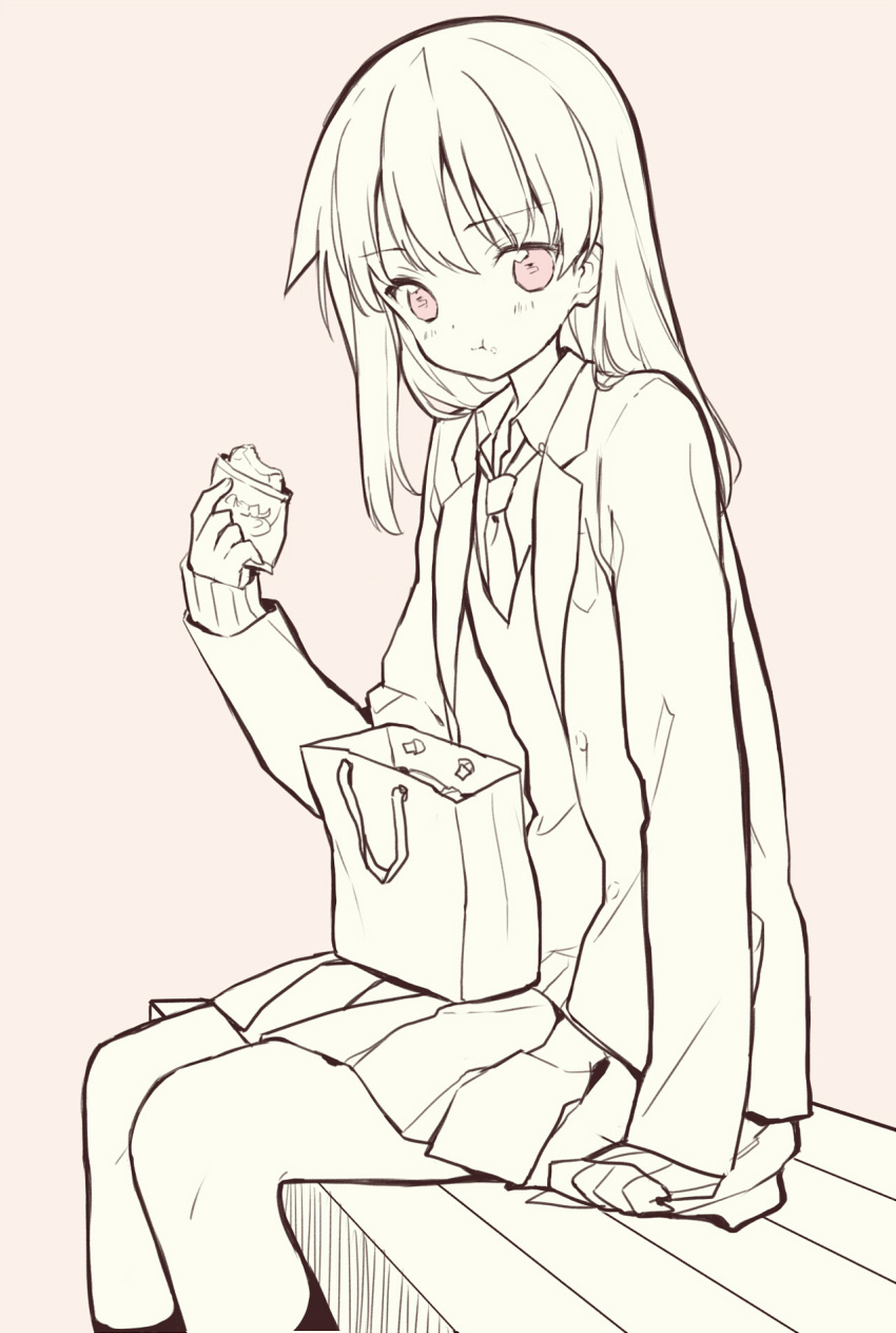 1girl :t arm_support bag bangs blazer blush brown_background character_request closed_mouth collared_shirt eating eyebrows_visible_through_hair food food_on_face hair_between_eyes highres holding holding_food itsumi_(itumiyuo) jacket long_hair long_sleeves monochrome necktie on_bench open_blazer open_clothes open_jacket paper_bag pleated_skirt red_eyes saki school_uniform shirt simple_background sitting sitting_on_bench skirt sleeves_past_wrists socks solo sweater_vest very_long_hair