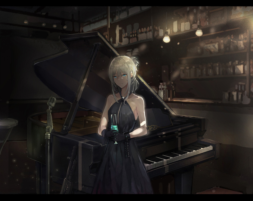 1girl alternate_costume an-94_(girls_frontline) black_dress black_gloves blue_eyes breasts chinese_commentary closed_mouth cup dress girls_frontline gloves grey_hair highres holding holding_cup instrument light_particles long_dress looking_at_viewer mai_(xskdizzy) medium_hair piano shadow small_breasts standing
