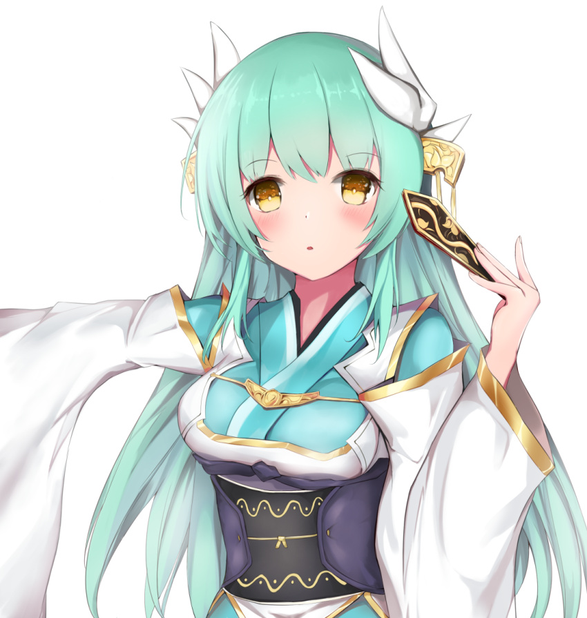 1girl aqua_hair bangs blush breasts commentary_request dragon_horns eyebrows_visible_through_hair fate/grand_order fate_(series) green_hair hair_between_eyes horns japanese_clothes kimono kiyohime_(fate/grand_order) long_hair looking_at_viewer open_mouth simple_background smile solo taikoi7 very_long_hair white_background yellow_eyes