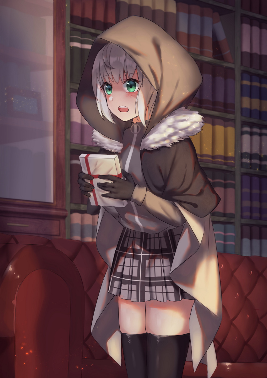 1girl absurdres bangs black_gloves black_legwear blush book cape cloak commentary_request couch eyebrows_visible_through_hair fate/grand_order fate_(series) fur_trim gift gloves gray_(lord_el-melloi_ii) green_eyes grey_hair hair_between_eyes highres holding holding_gift hood hood_up jmao long_hair long_sleeves looking_at_viewer lord_el-melloi_ii_case_files short_hair skirt solo thigh-highs