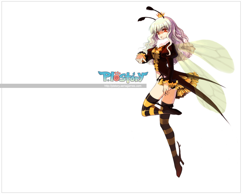 1280x1024 antennae bee crown pi_story purple_hair red_eyes striped_thighhighs wallpaper wings